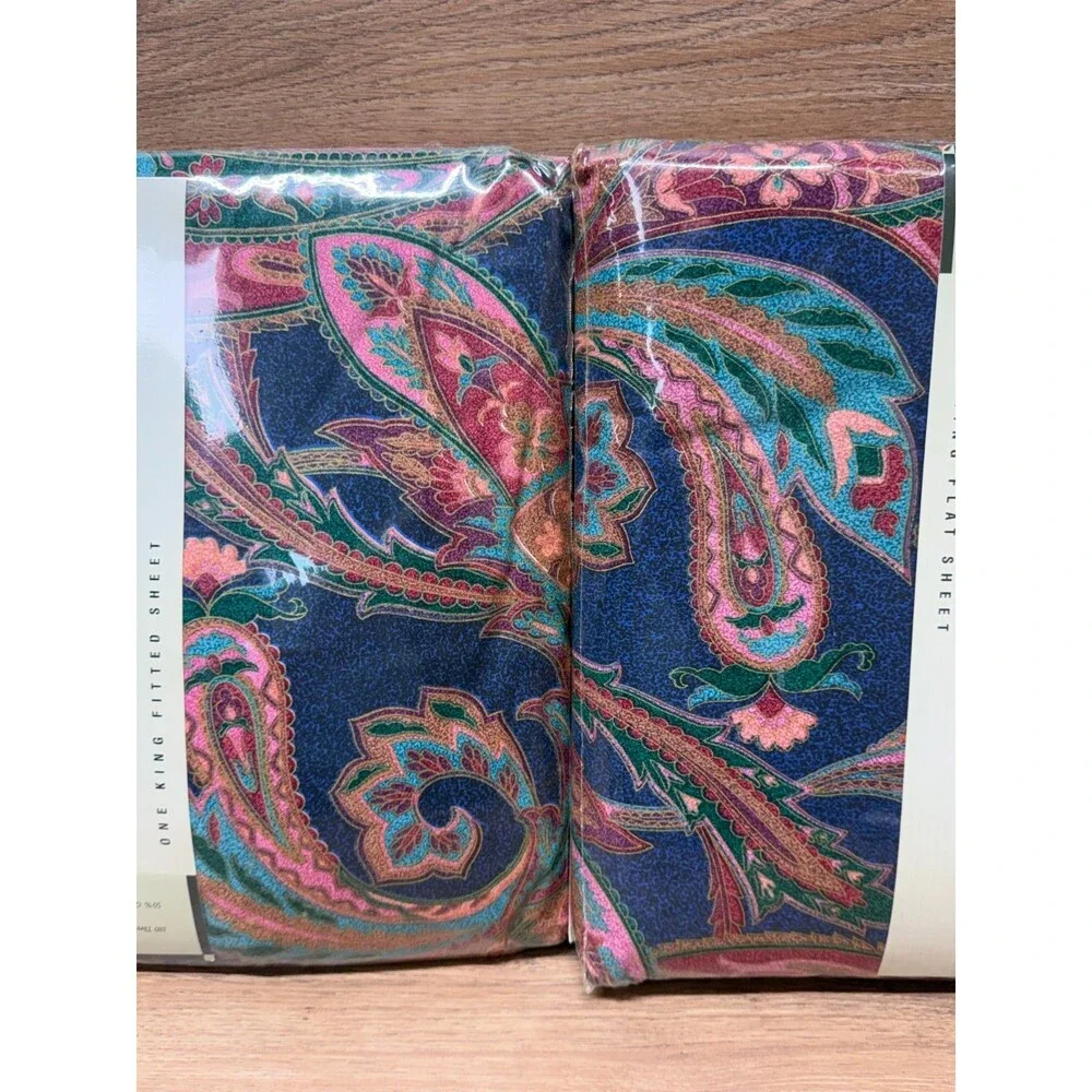 New Vintage 1989 Revman Kismet II King Paisley Sheet Set (Fitted & Flat) NOS